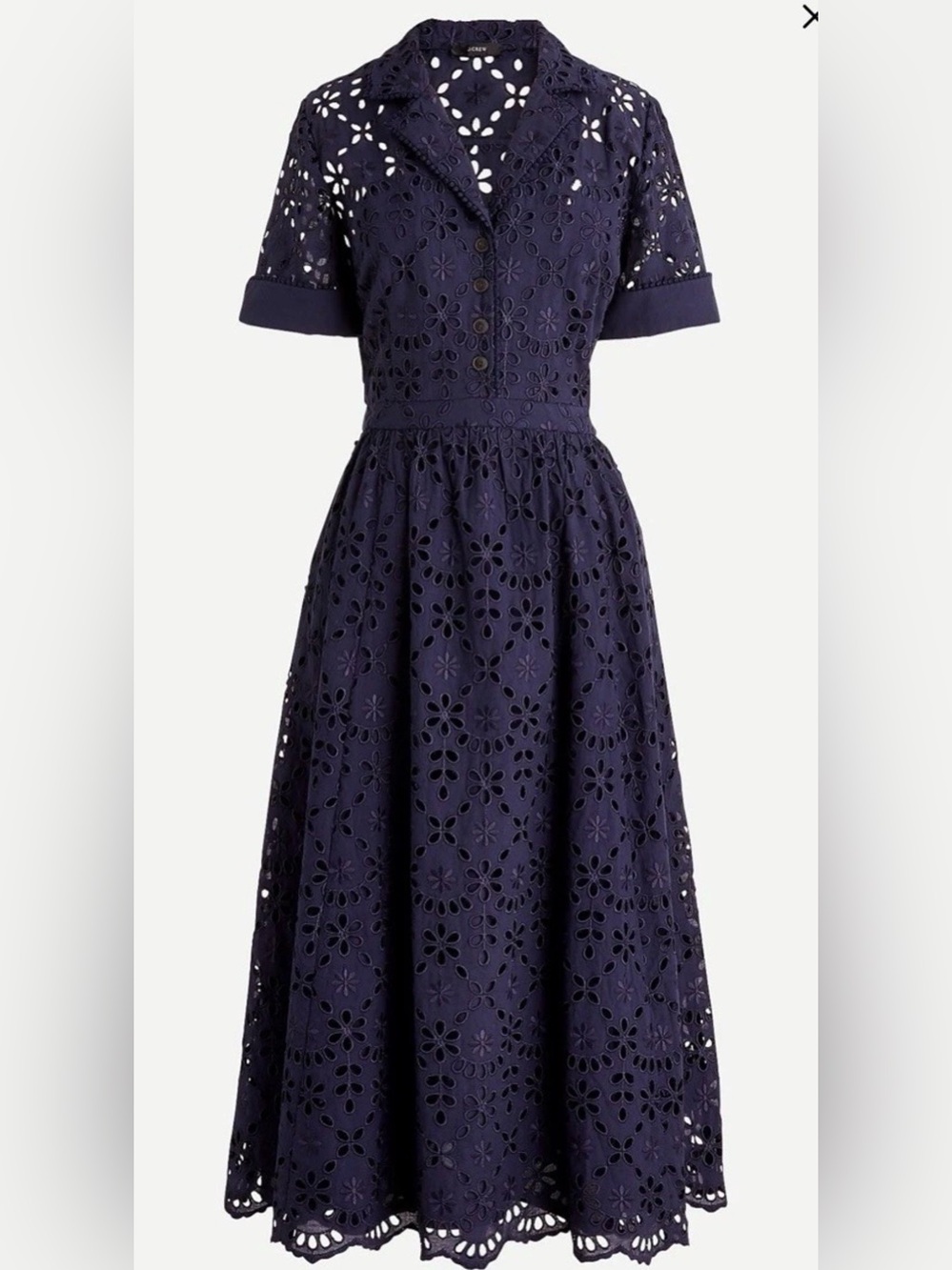 Embroidered Eyelet Midi Dress 2 J.Crew Navy Blue 1940s Style Retro Pockets Lucy